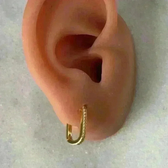 18K Gold Crystal Paved Oval Hoop Earrings - Picture 3 of 5